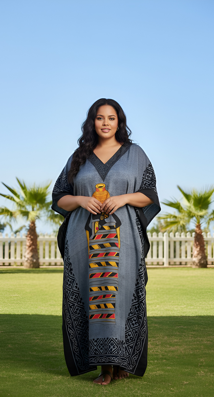 Black Polyester Tribal Printed Plus Size Kaftan Dress For Women