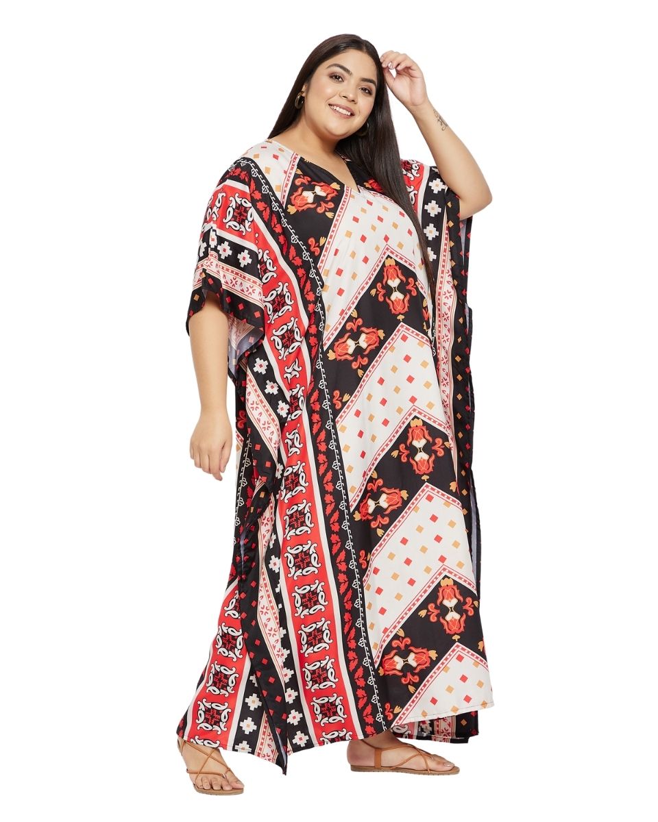 White And Red Polyester Plus Size Long Kimono Kaftan For Women