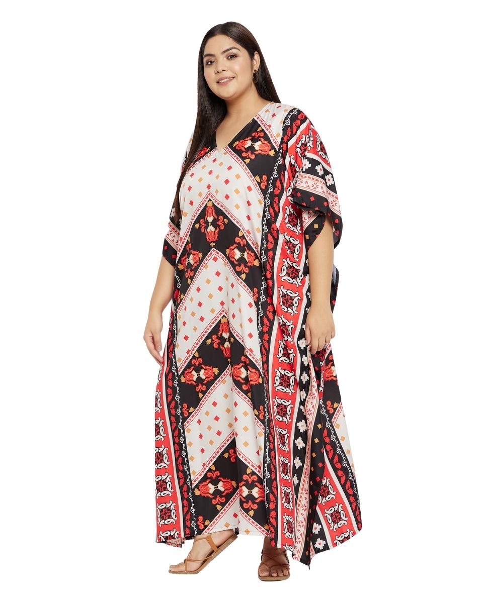 White And Red Polyester Plus Size Long Kimono Kaftan For Women