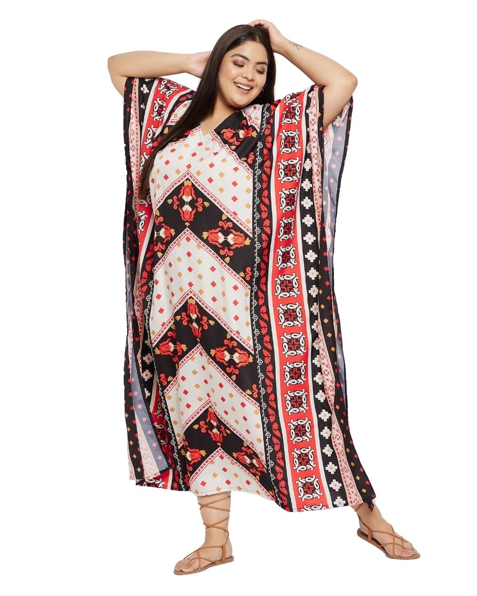 White And Red Polyester Plus Size Long Kimono Kaftan For Women