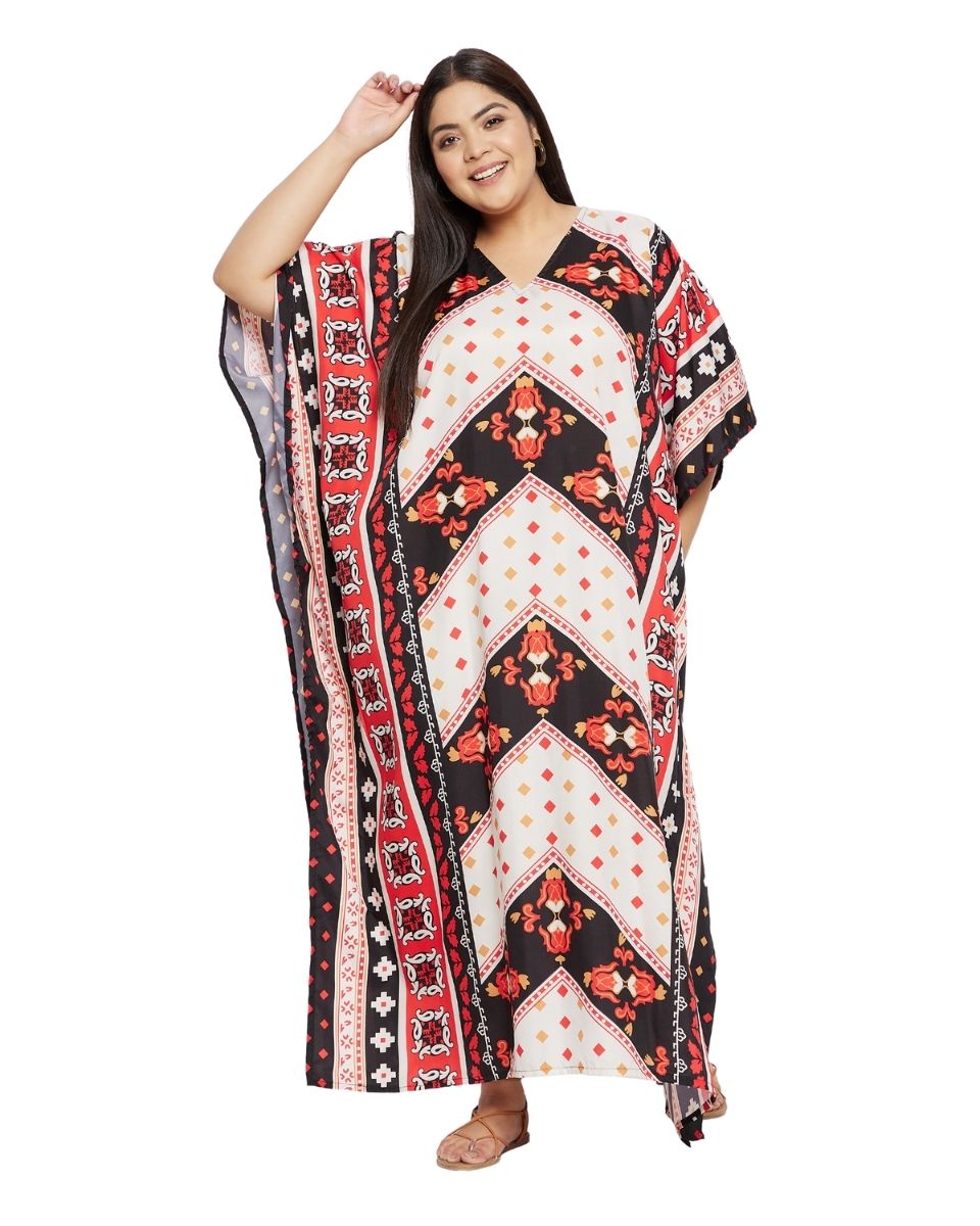 White And Red Polyester Plus Size Long Kimono Kaftan For Women