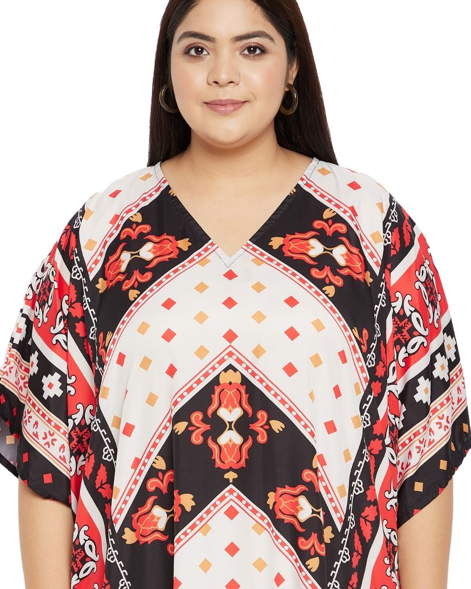 White And Red Polyester Plus Size Long Kimono Kaftan For Women