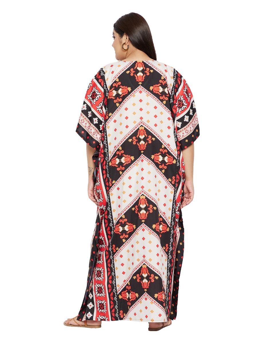 White And Red Polyester Plus Size Long Kimono Kaftan For Women