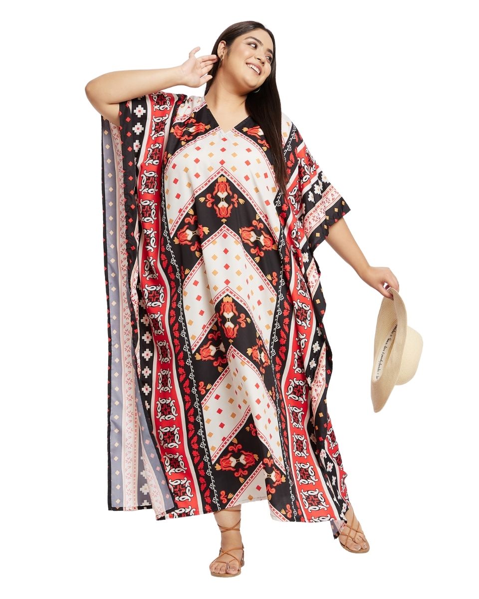 White And Red Polyester Plus Size Long Kimono Kaftan For Women