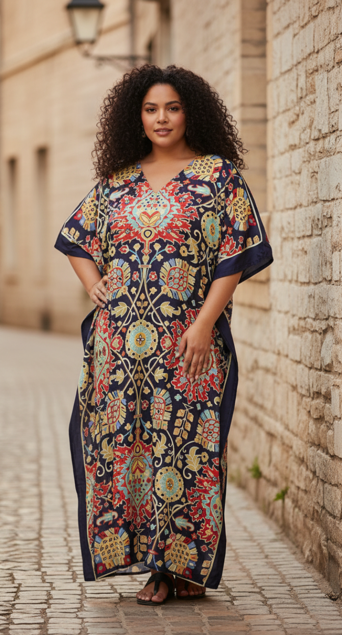 Floral Printed Navy Blue Polyester Plus Size Kaftan Dress For Women