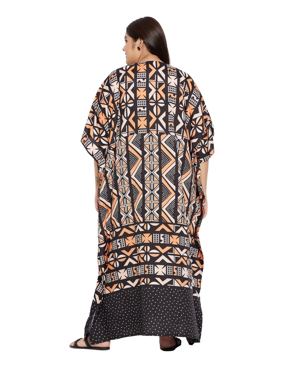 Black Tribal Print Polyester Plus Size Kaftan For Women