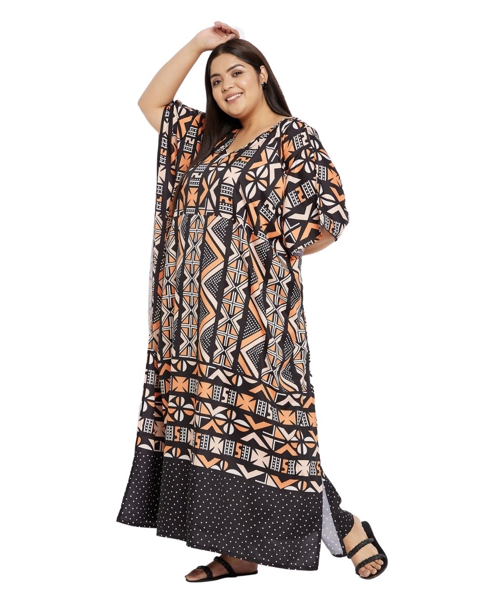 Black Tribal Print Polyester Plus Size Kaftan For Women