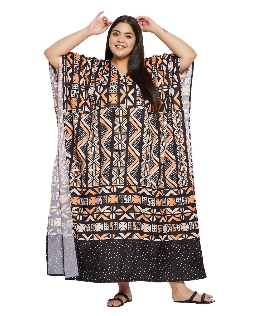 Black Tribal Print Polyester Plus Size Kaftan For Women