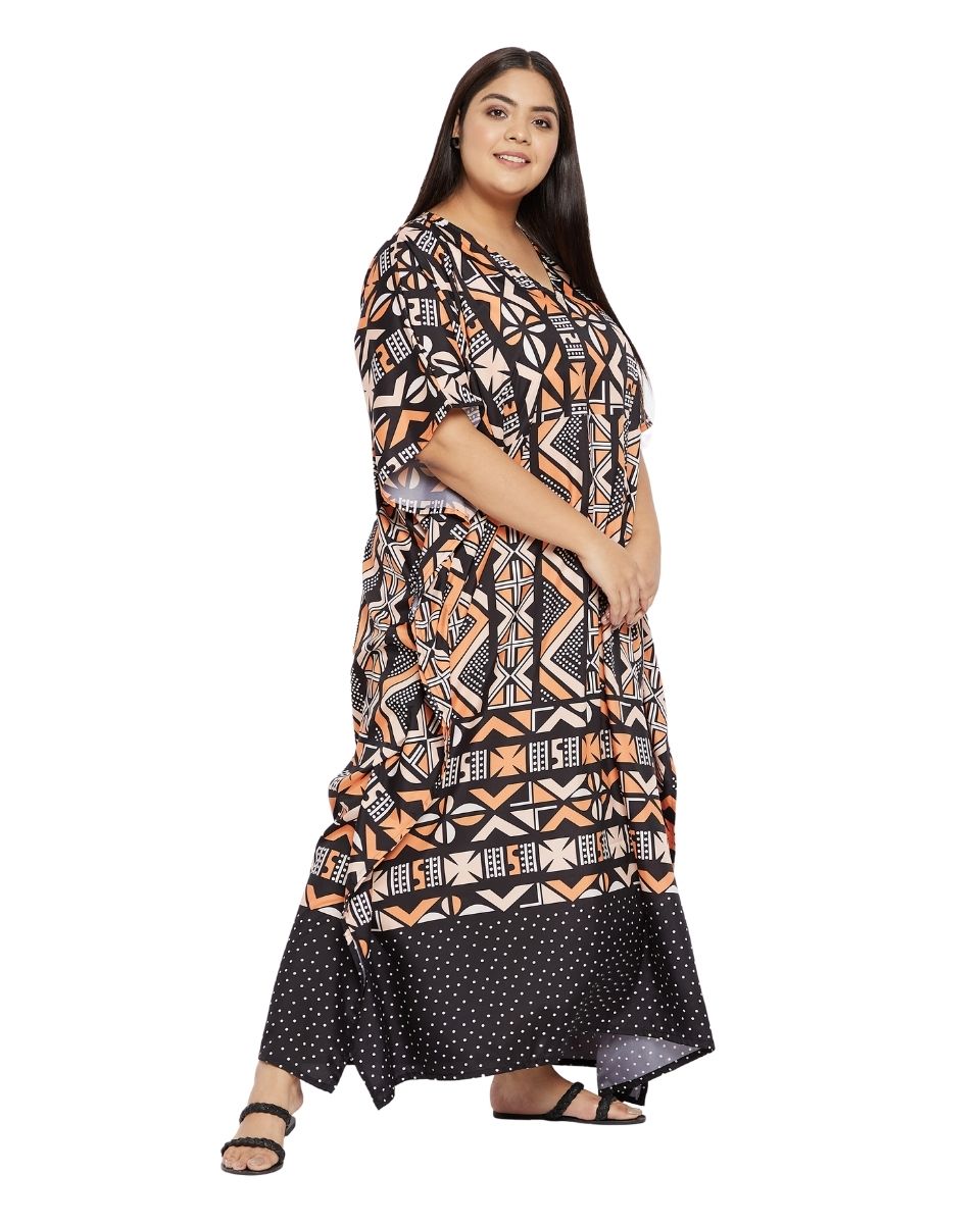 Black Tribal Print Polyester Plus Size Kaftan For Women