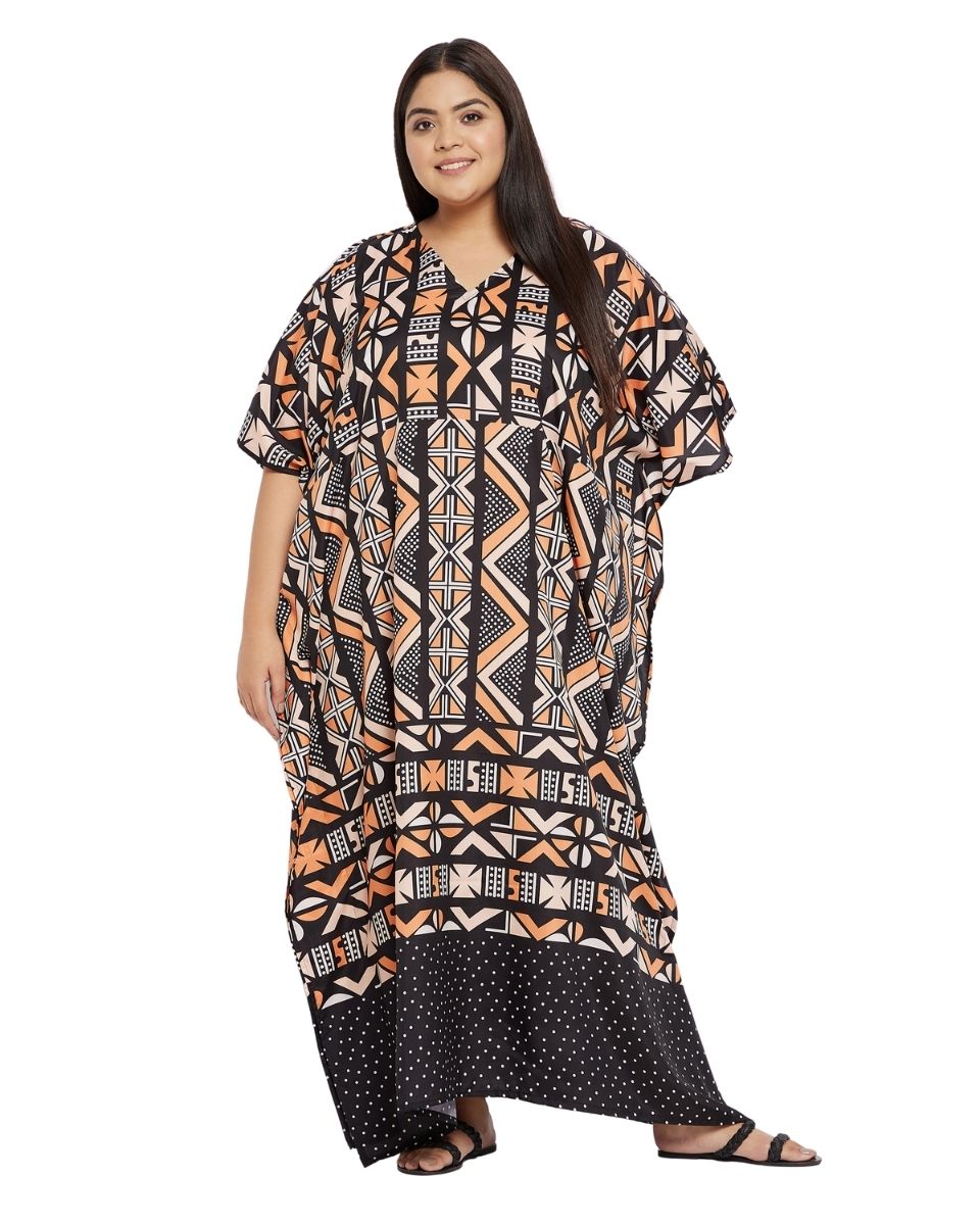 Black Tribal Print Polyester Plus Size Kaftan For Women