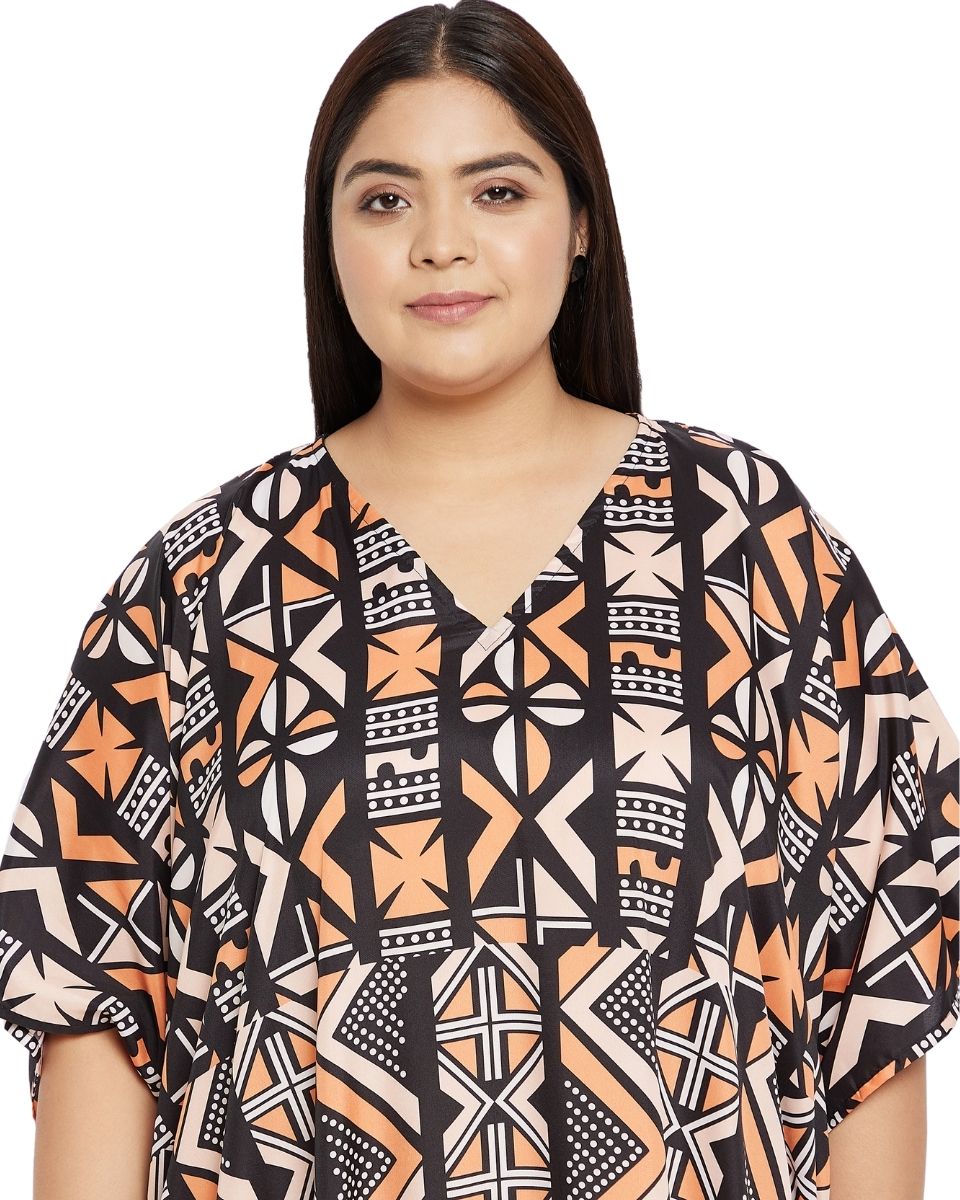 Black Tribal Print Polyester Plus Size Kaftan For Women