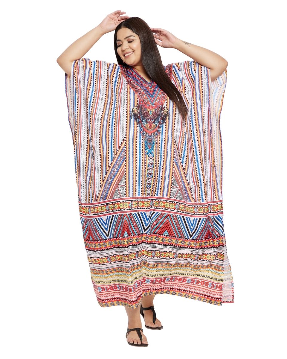 Multicolor Polyester Plus Size Kimono Kaftan For Women