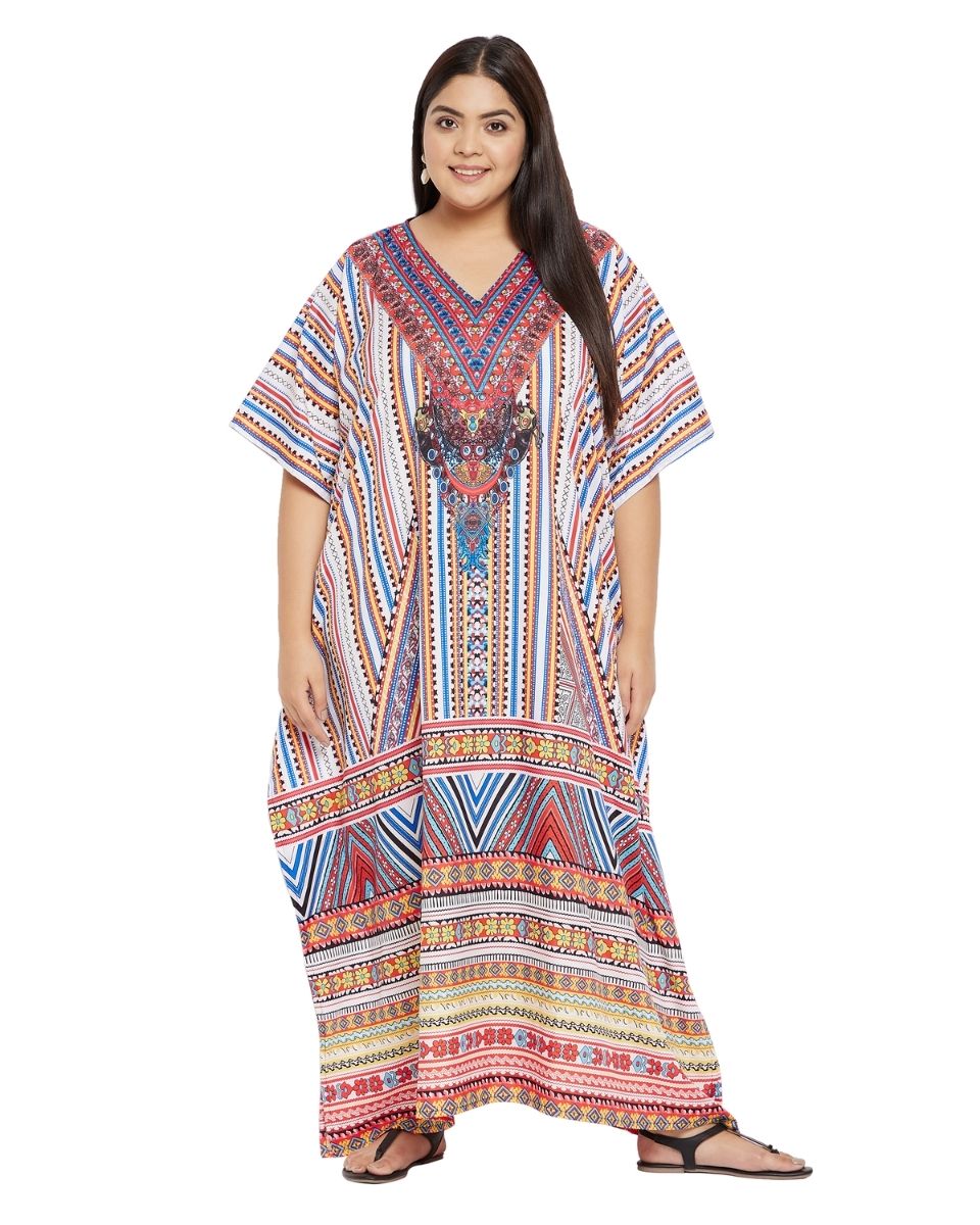 Multicolor Polyester Plus Size Kimono Kaftan For Women