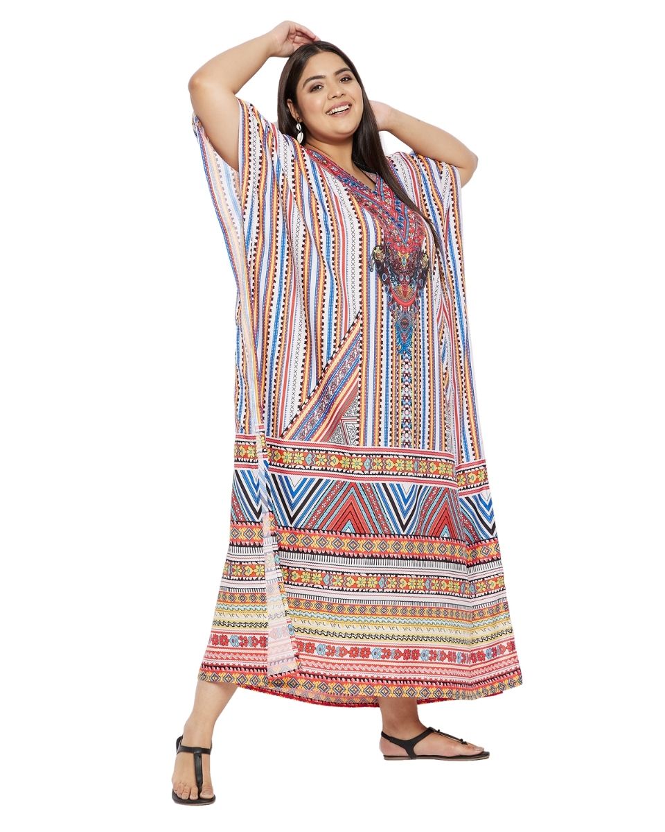 Multicolor Polyester Plus Size Kimono Kaftan For Women