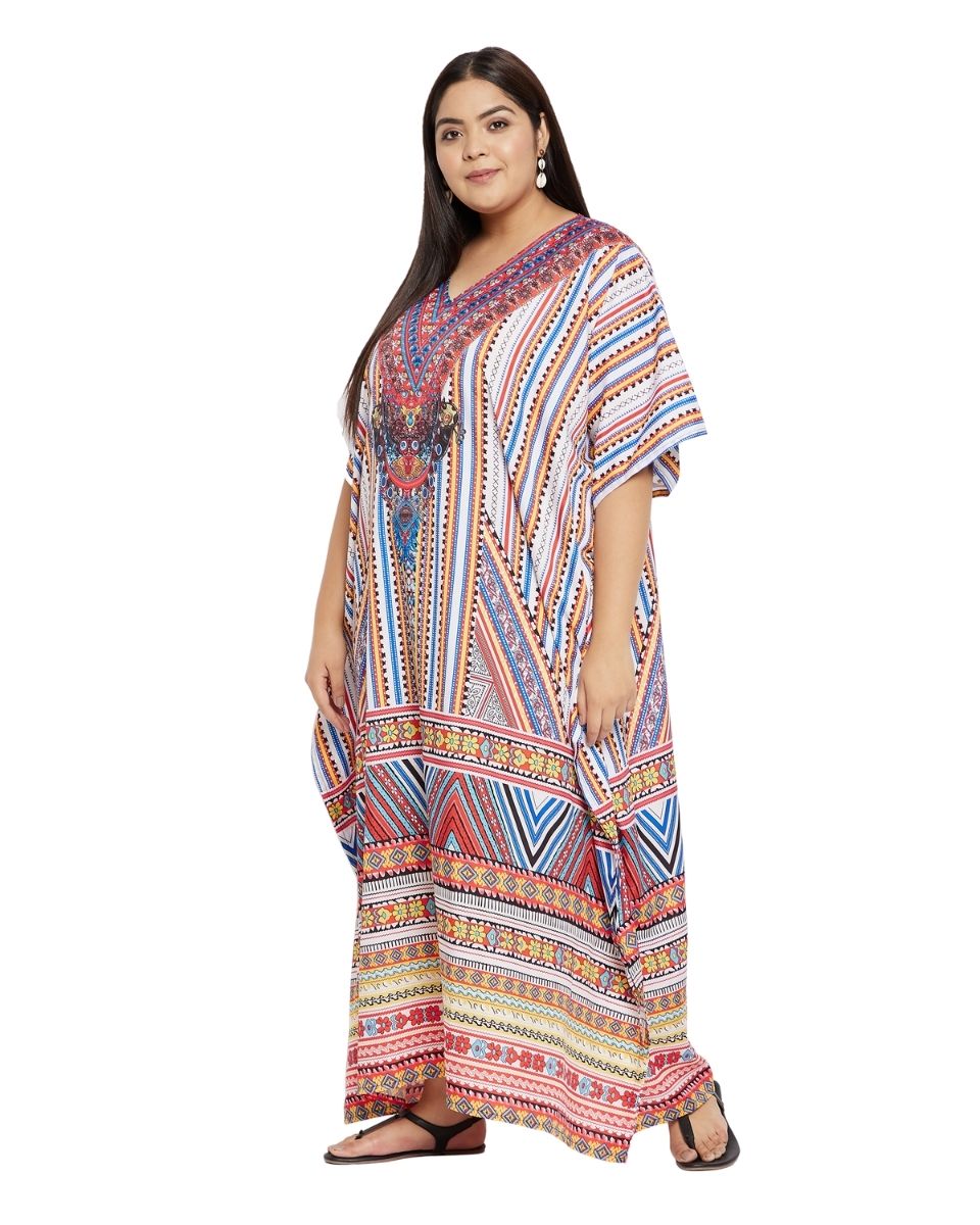 Multicolor Polyester Plus Size Kimono Kaftan For Women