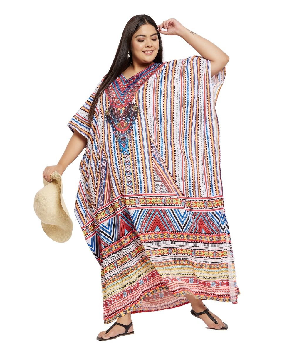 Multicolor Polyester Plus Size Kimono Kaftan For Women