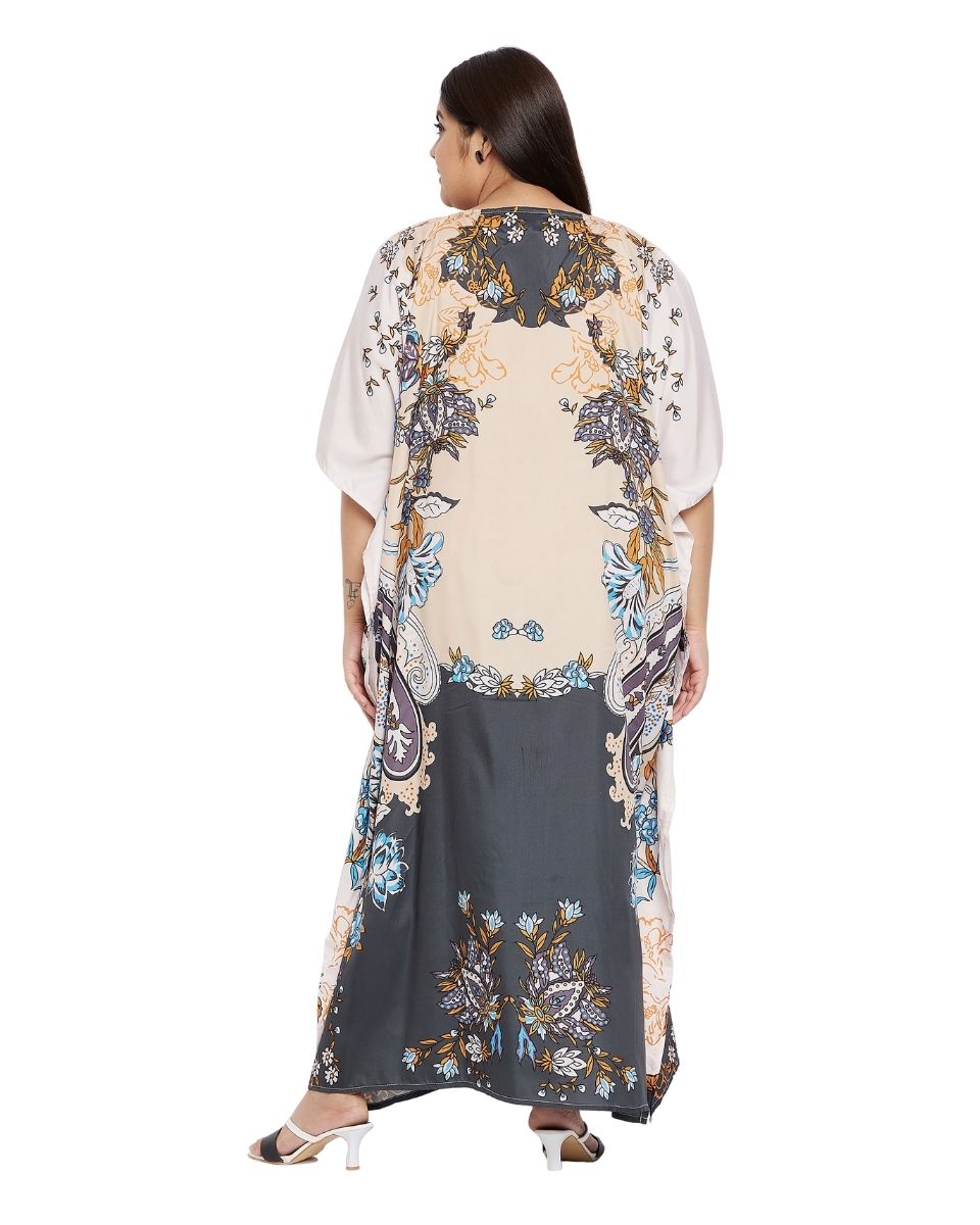 Beige And Gray Polyester Plus Size Kimono Kaftan For Women