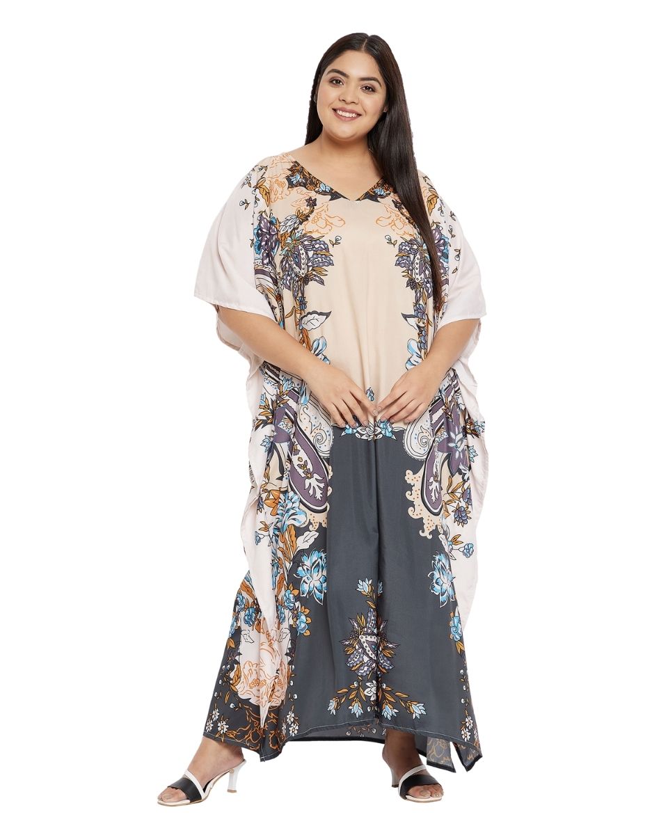 Beige And Gray Polyester Plus Size Kimono Kaftan For Women