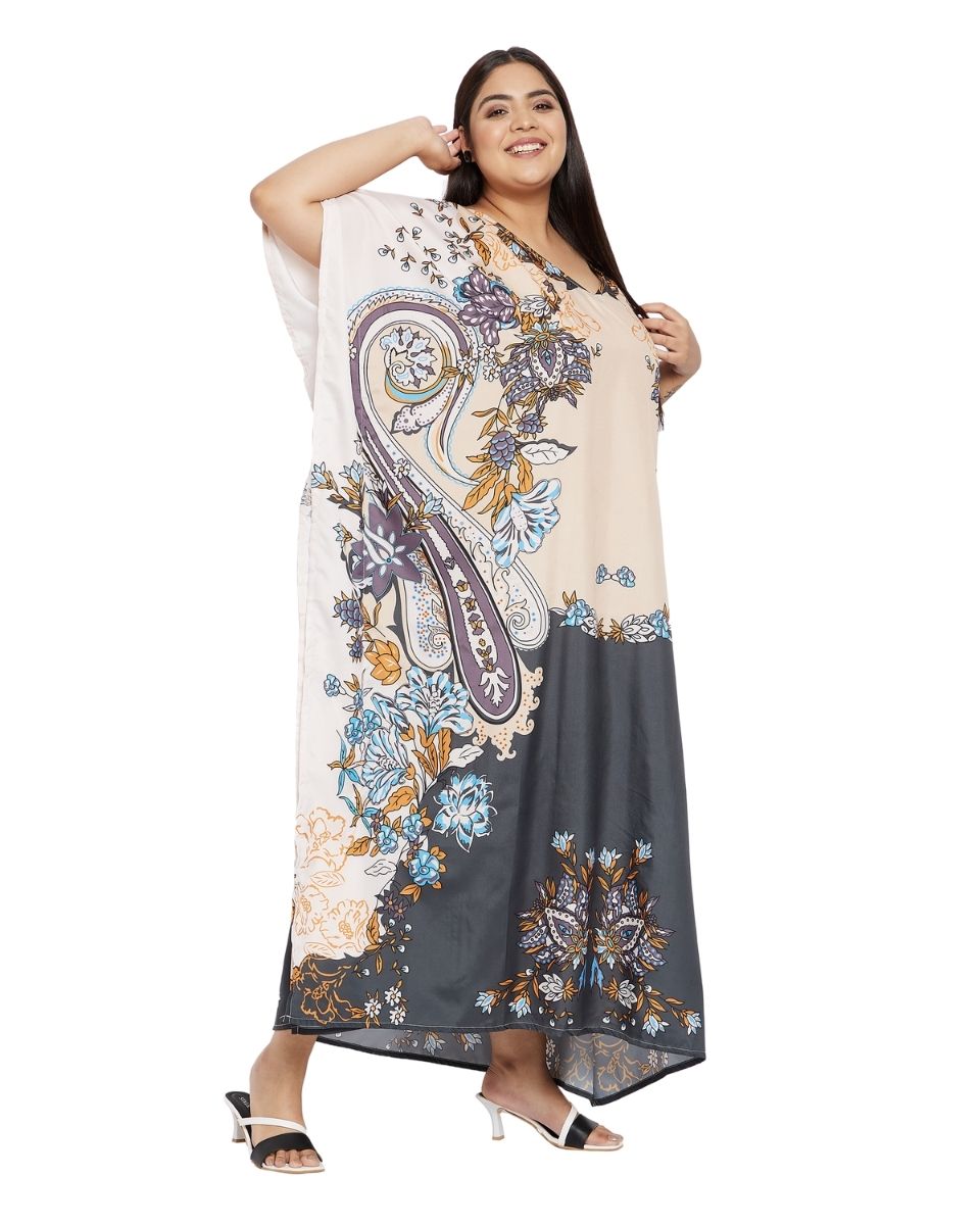 Beige And Gray Polyester Plus Size Kimono Kaftan For Women