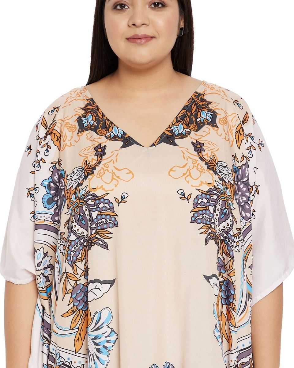 Beige And Gray Polyester Plus Size Kimono Kaftan For Women