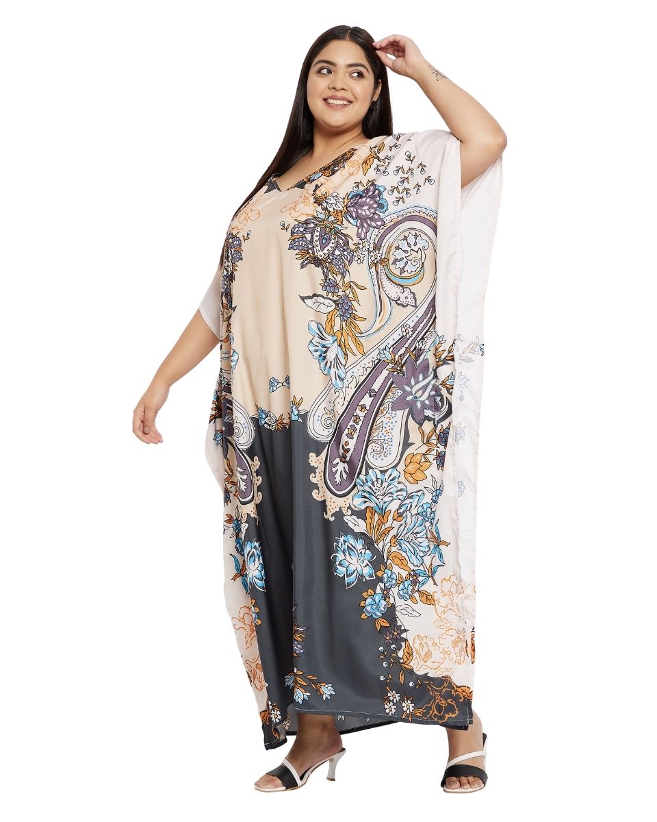 Beige And Gray Polyester Plus Size Kimono Kaftan For Women