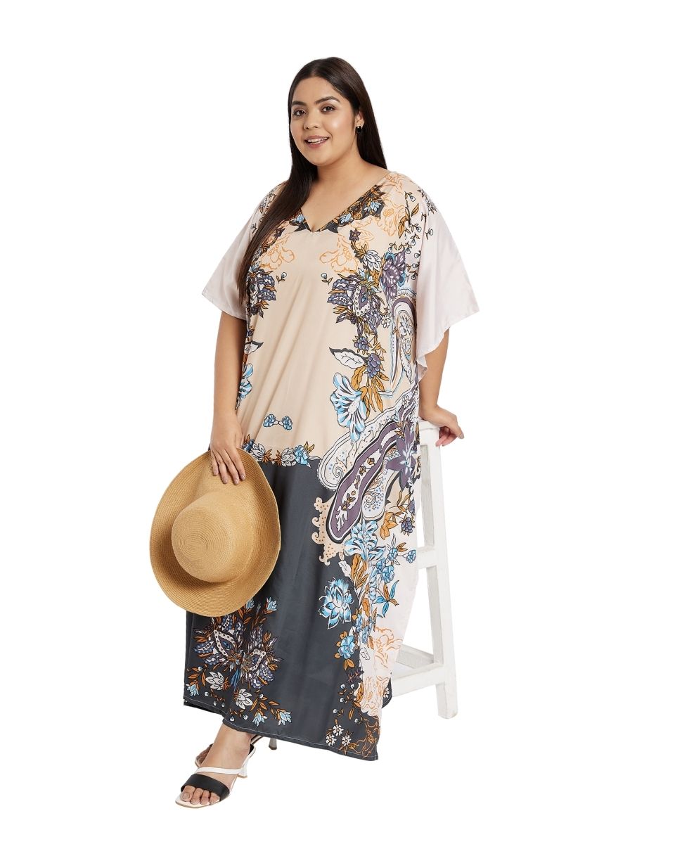 Beige And Gray Polyester Plus Size Kimono Kaftan For Women