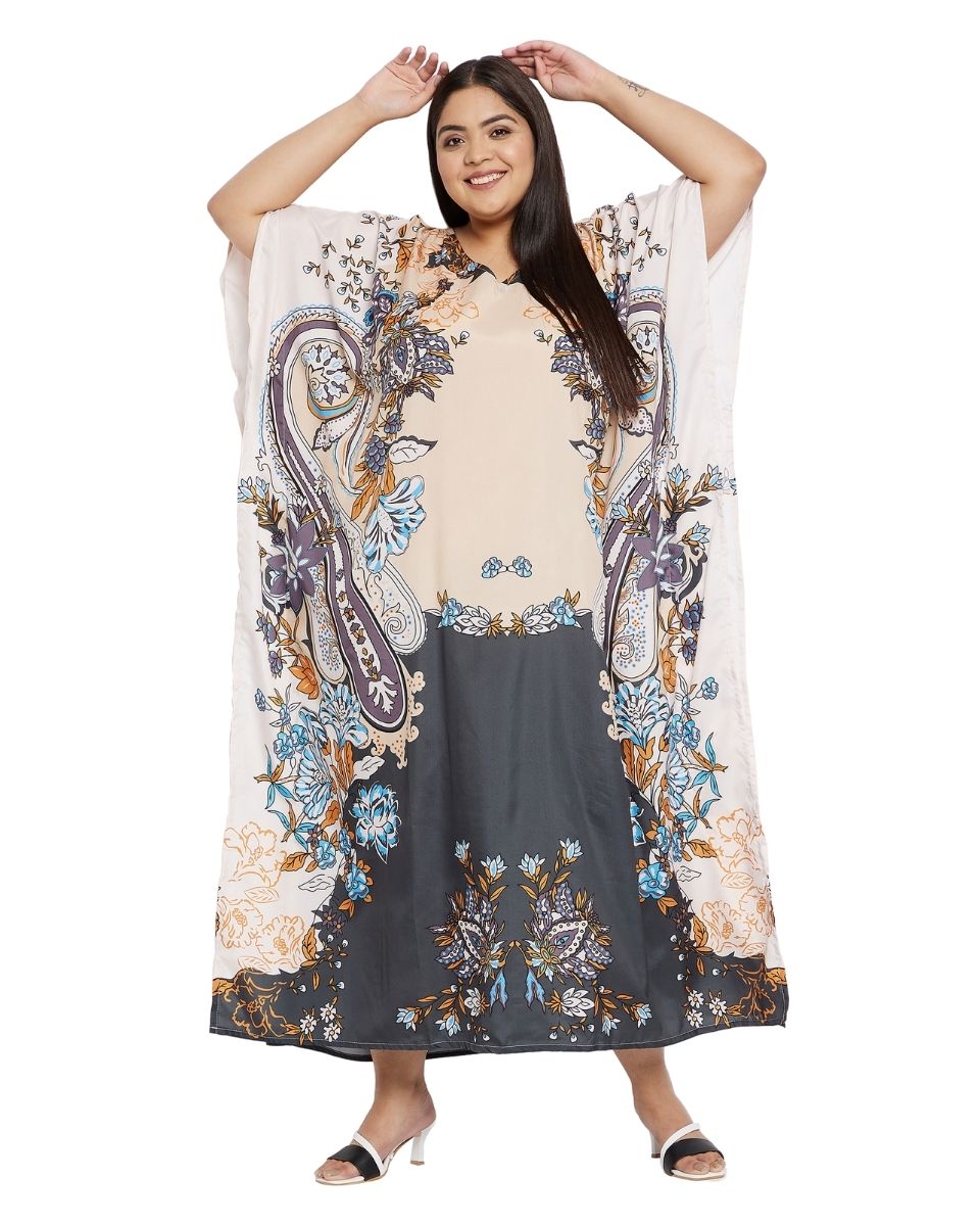 Beige And Gray Polyester Plus Size Kimono Kaftan For Women