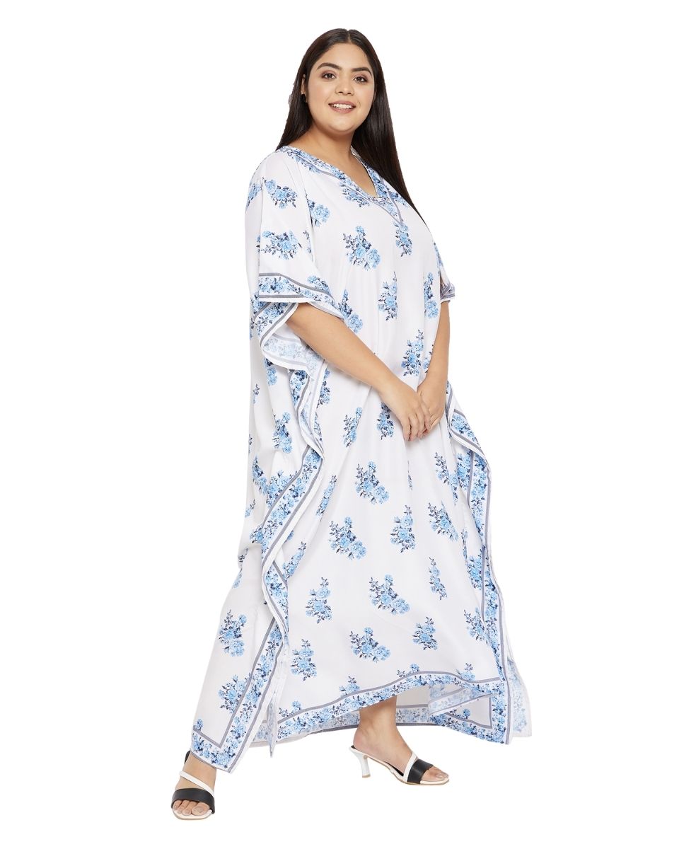 Kaftan Plus Size White Floral V-Neck Kimono Sleeve For Women