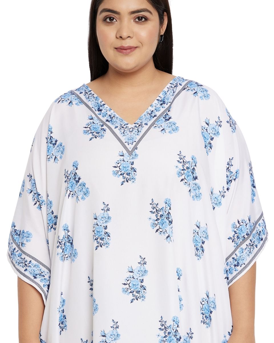 Kaftan Plus Size White Floral V-Neck Kimono Sleeve For Women