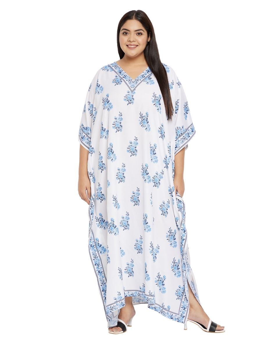 Kaftan Plus Size White Floral V-Neck Kimono Sleeve For Women