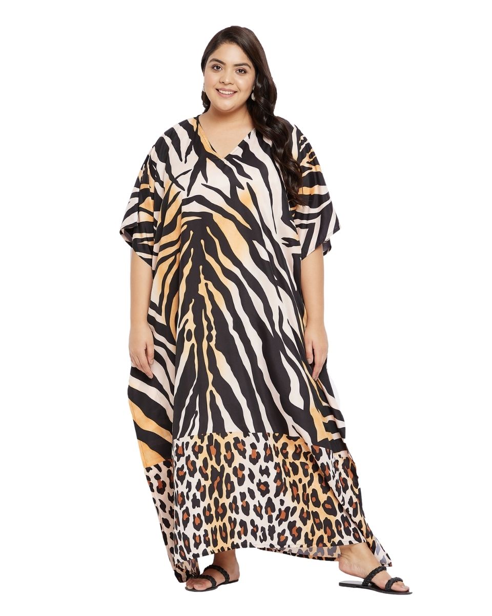 Zebra Black Kimono Sleeve Loose Gown Kaftan For Plus Size Women