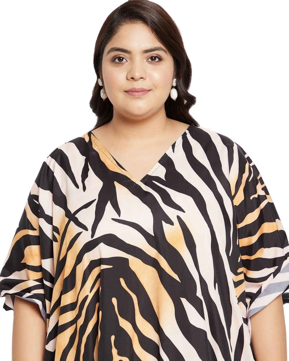 Zebra Black Kimono Sleeve Loose Gown Kaftan For Plus Size Women