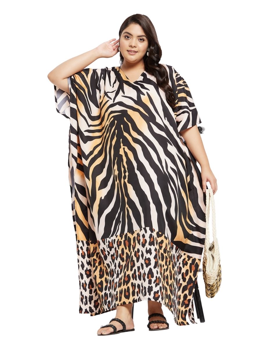 Zebra Black Kimono Sleeve Loose Gown Kaftan For Plus Size Women