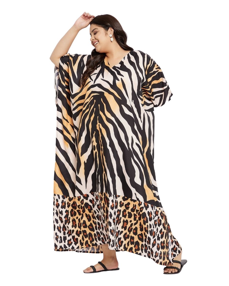 Zebra Black Kimono Sleeve Loose Gown Kaftan For Plus Size Women