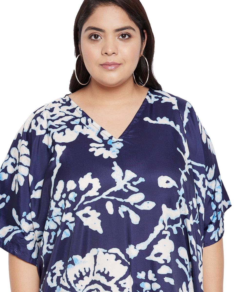 Navy Blue Floral Polyester Long Kaftan For Plus Size Women