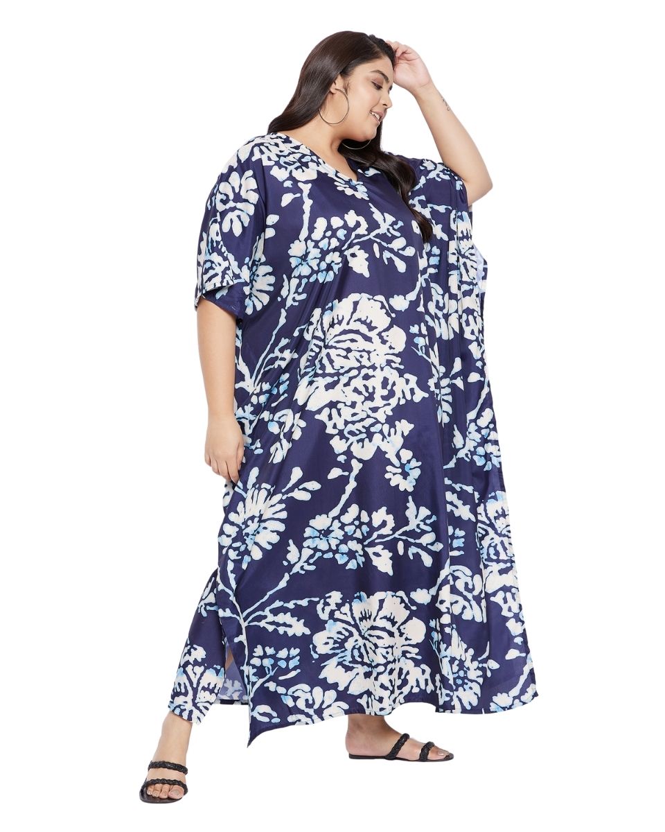 Navy Blue Floral Polyester Long Kaftan For Plus Size Women