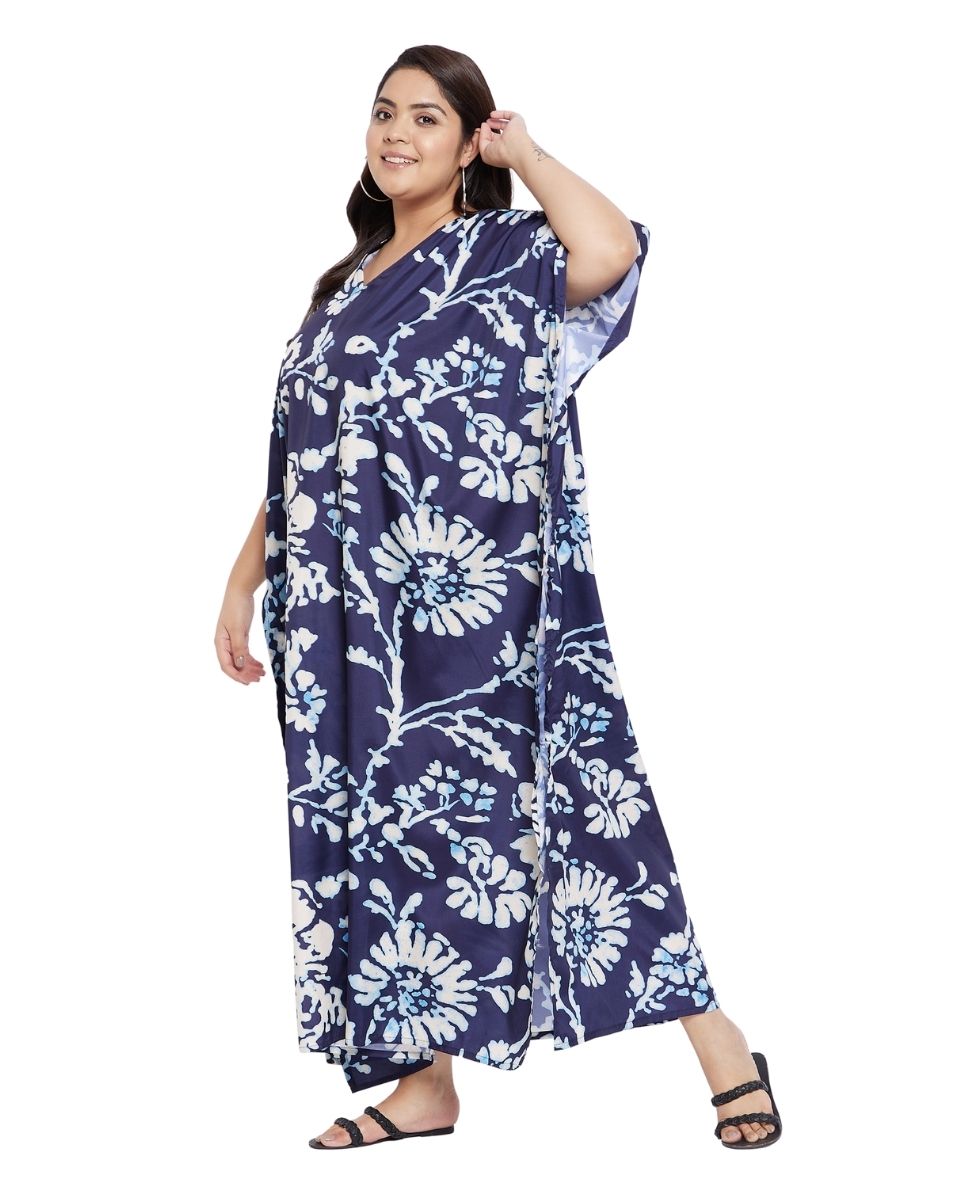 Navy Blue Floral Polyester Long Kaftan For Plus Size Women