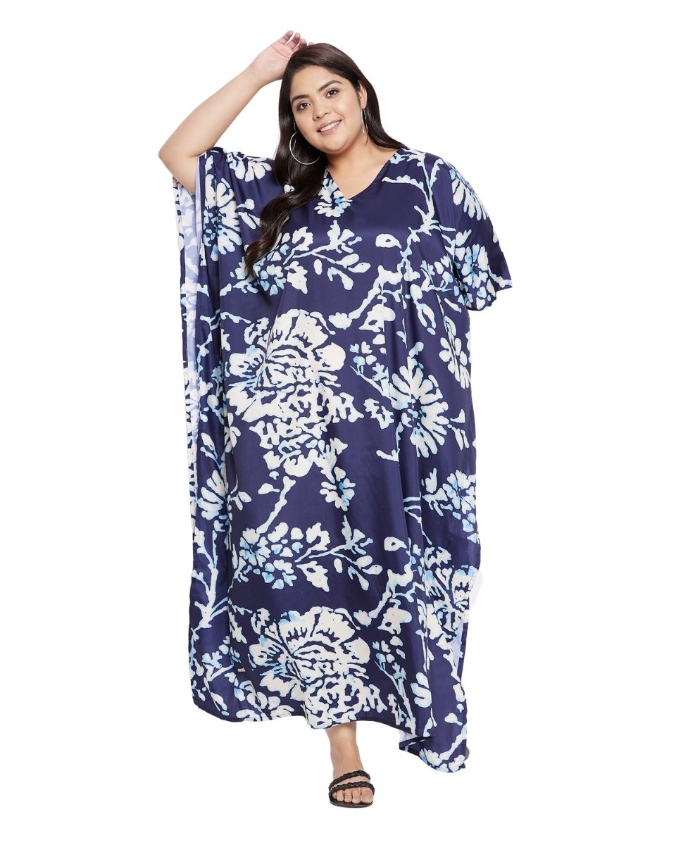 Navy Blue Floral Polyester Long Kaftan For Plus Size Women