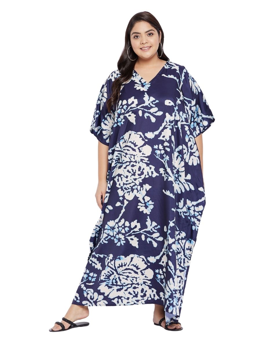 Navy Blue Floral Polyester Long Kaftan For Plus Size Women