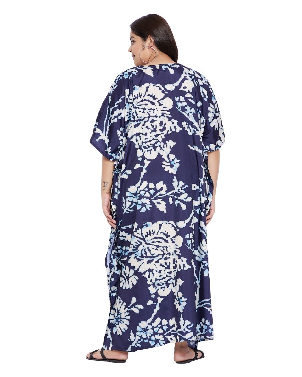 Navy Blue Floral Polyester Long Kaftan For Plus Size Women