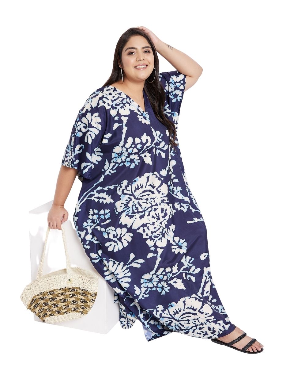 Navy Blue Floral Polyester Long Kaftan For Plus Size Women