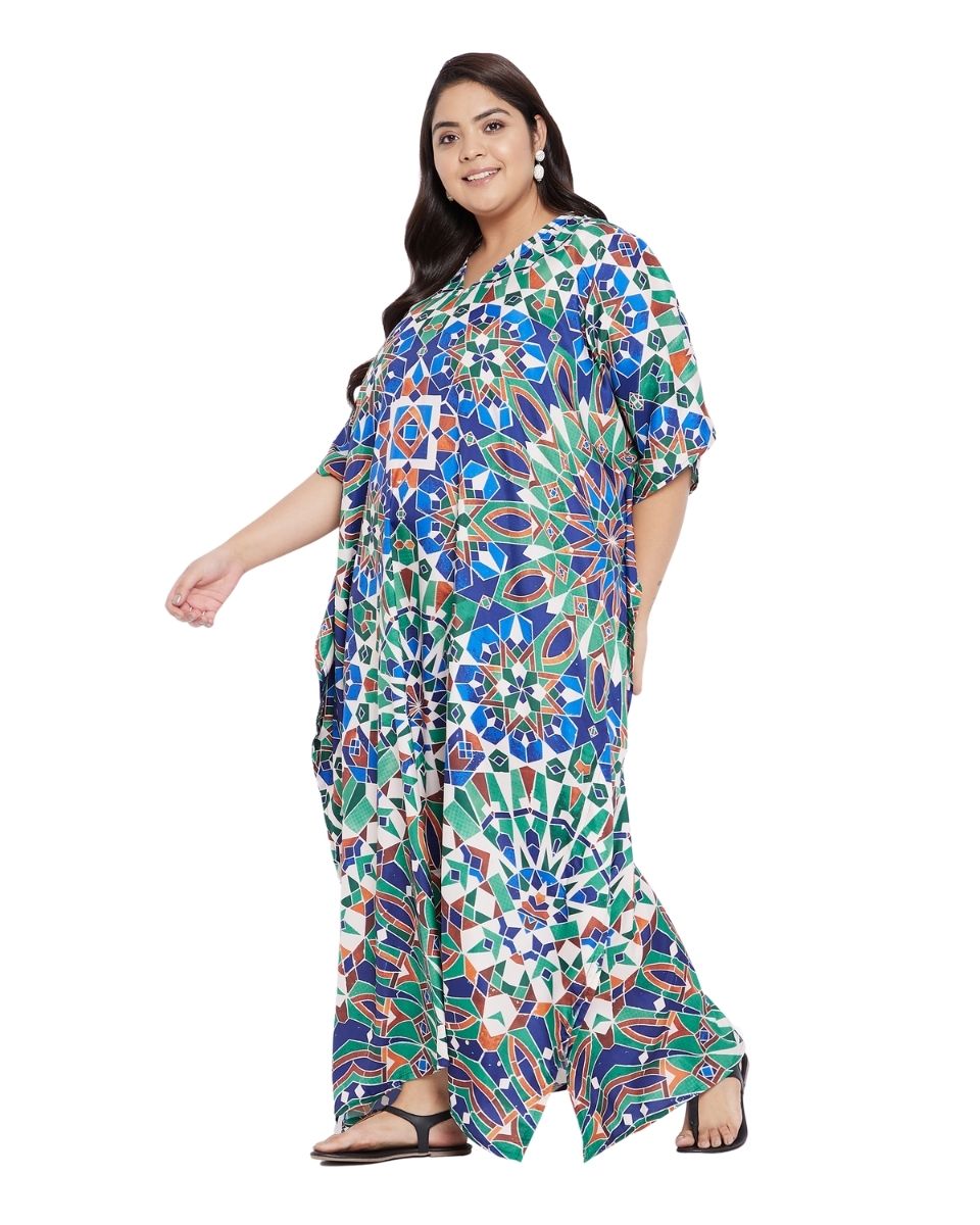 Green Geometric V-Neck Polyester Plus Size Kaftan For Women