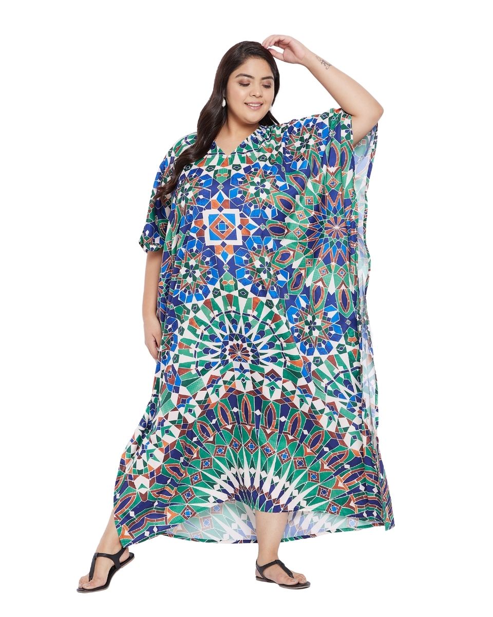 Green Geometric V-Neck Polyester Plus Size Kaftan For Women