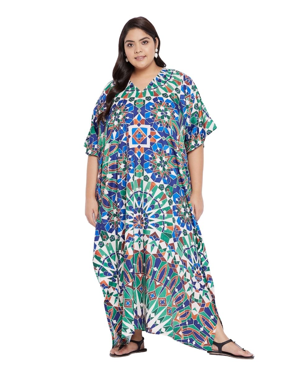 Green Geometric V-Neck Polyester Plus Size Kaftan For Women