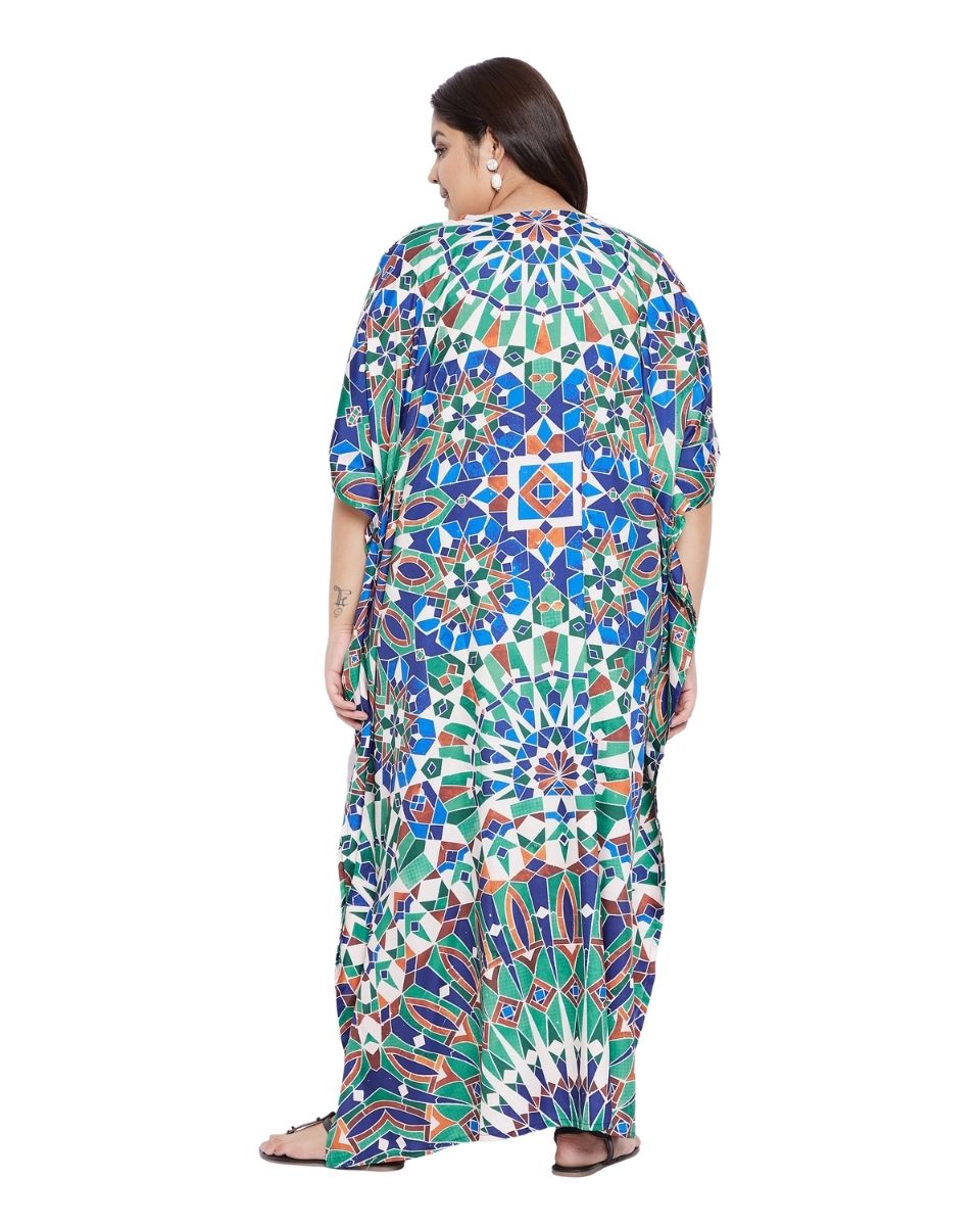 Green Geometric V-Neck Polyester Plus Size Kaftan For Women