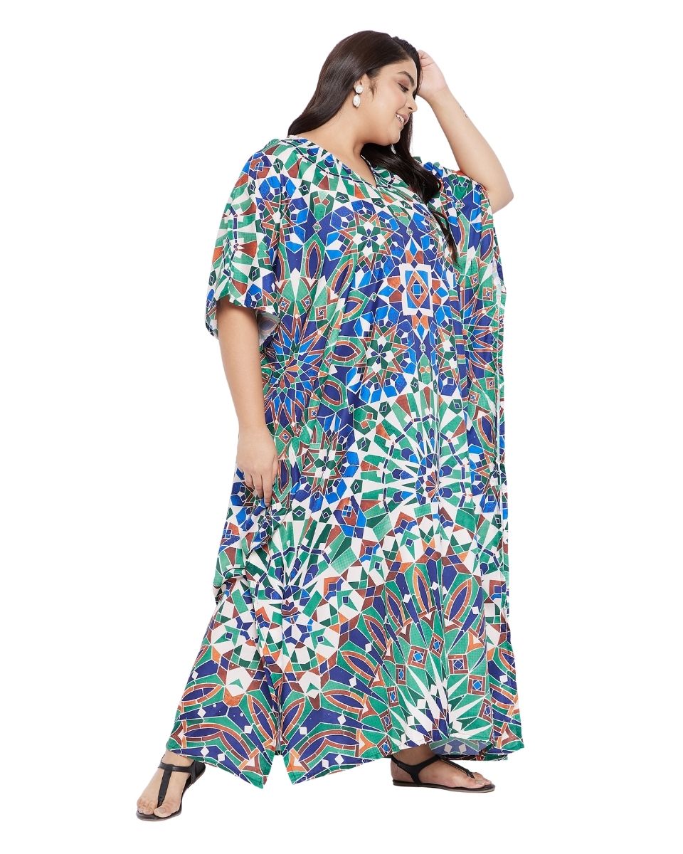 Green Geometric V-Neck Polyester Plus Size Kaftan For Women