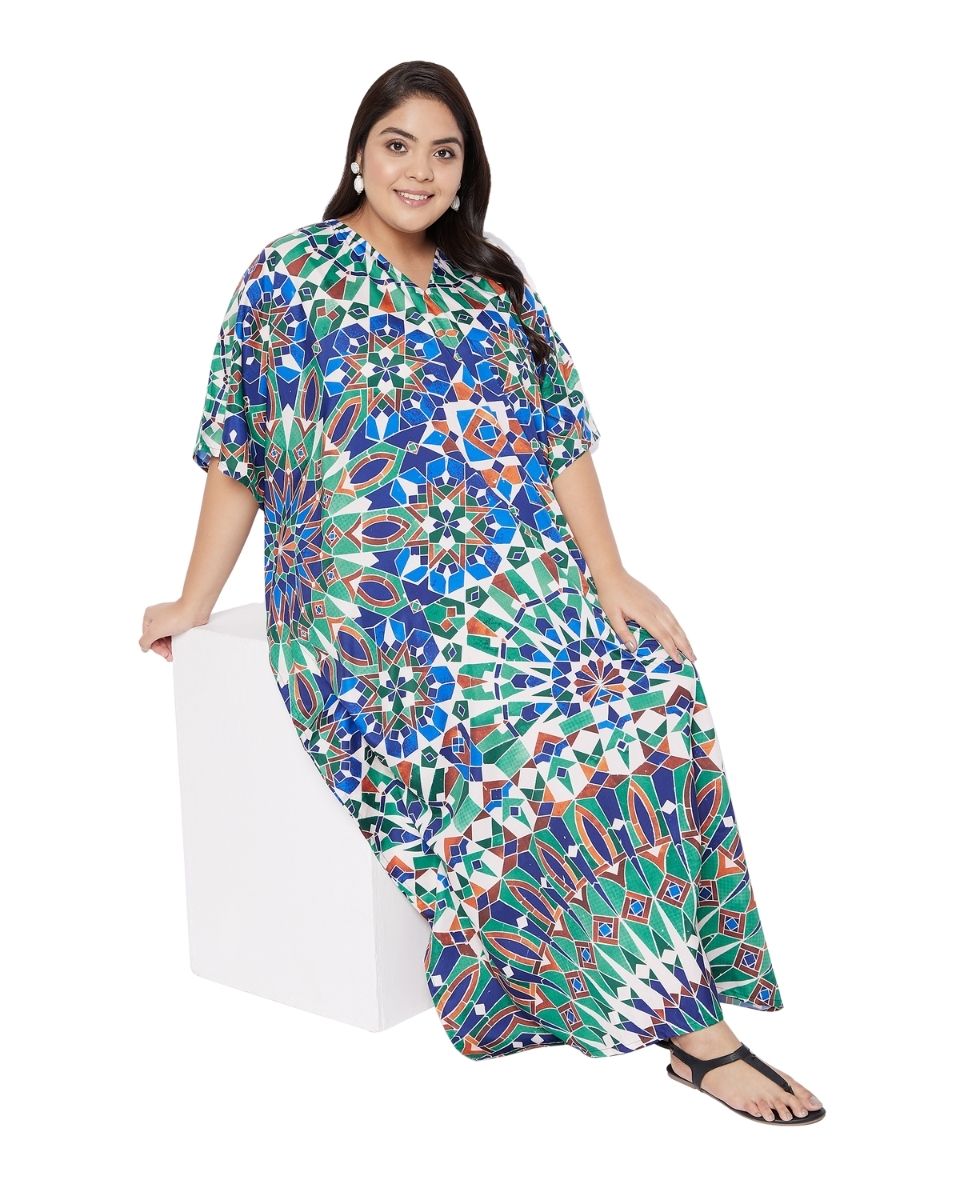 Green Geometric V-Neck Polyester Plus Size Kaftan For Women