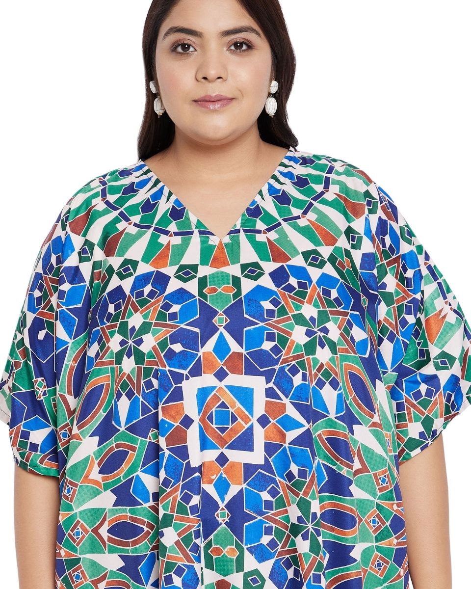 Green Geometric V-Neck Polyester Plus Size Kaftan For Women