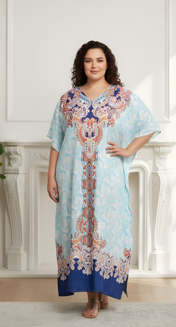Floral Printed Turquoise Plus Size Polyester Kaftan Dress For Women