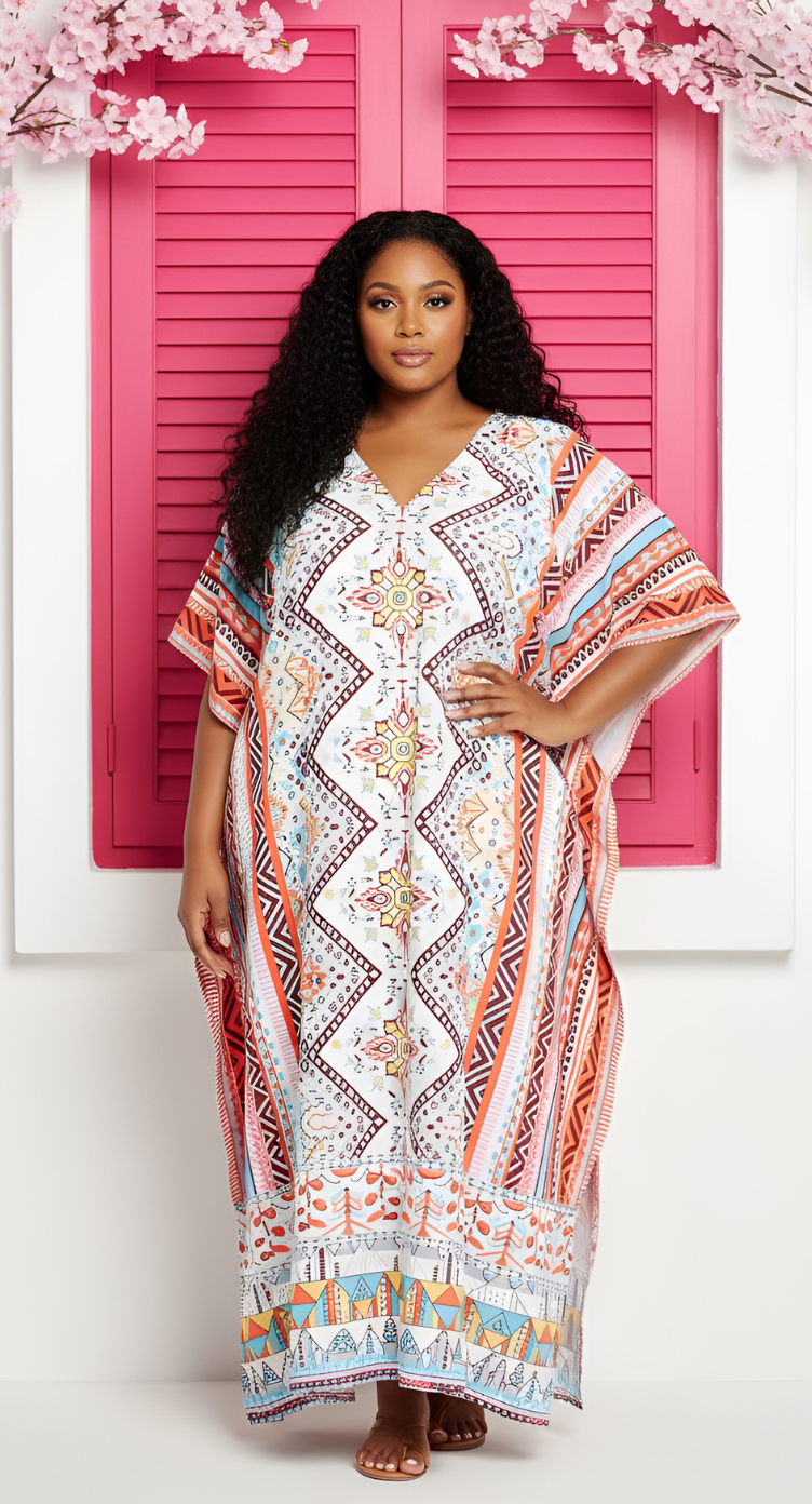 Geometric Printed Multicolor Polyester Plus Size Kaftan For Women